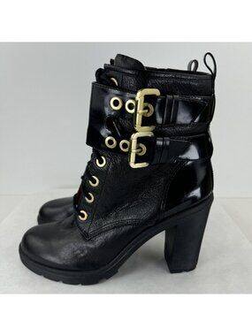 Guess Finlay Black Side Zip High Heel Leather Boots Womens Sz 8.5M Buckle Strap